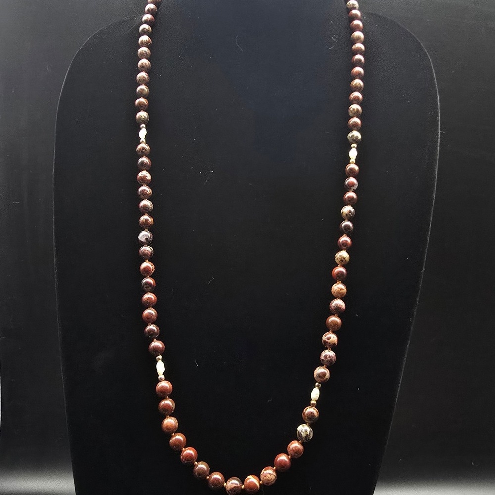 Mahogany Jasper Brown Beaded Necklace Natural Stone Vintage Jewelry